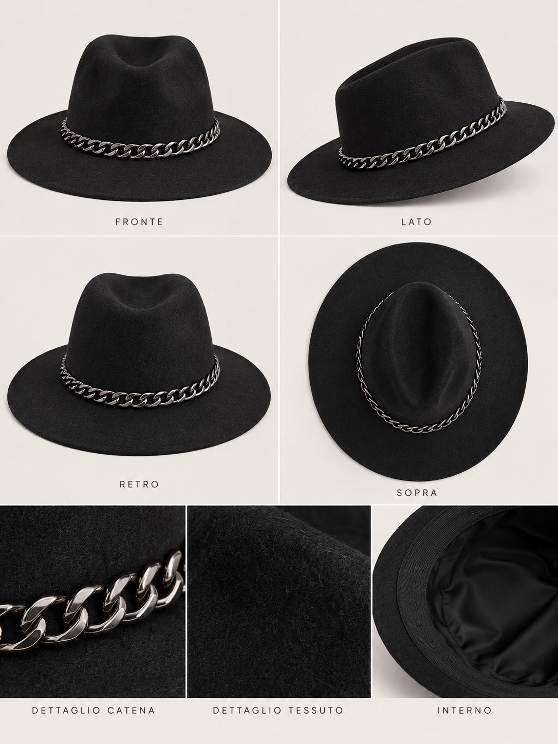 Cappello nero con catena argento