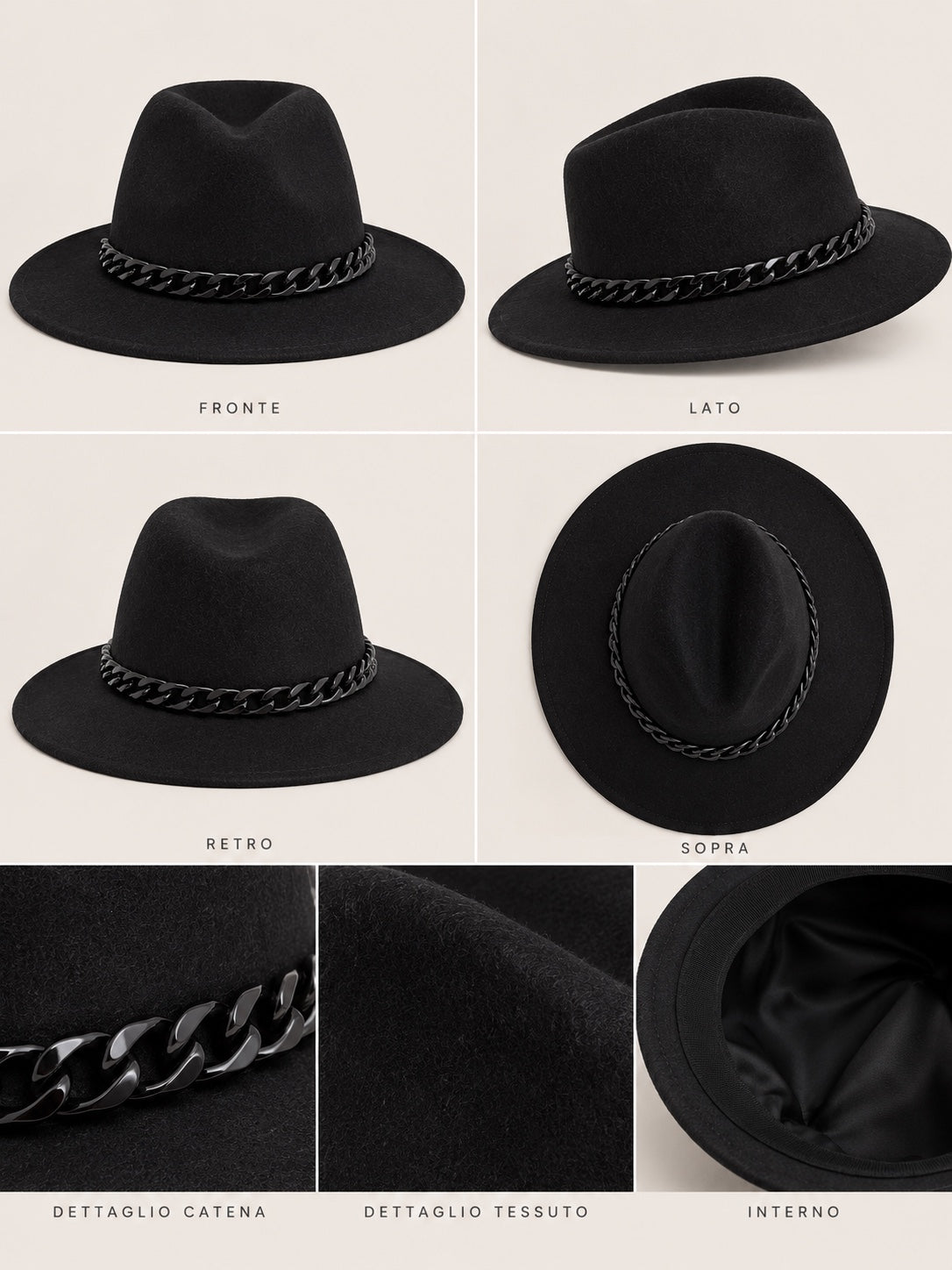 Cappello nero con catena nera