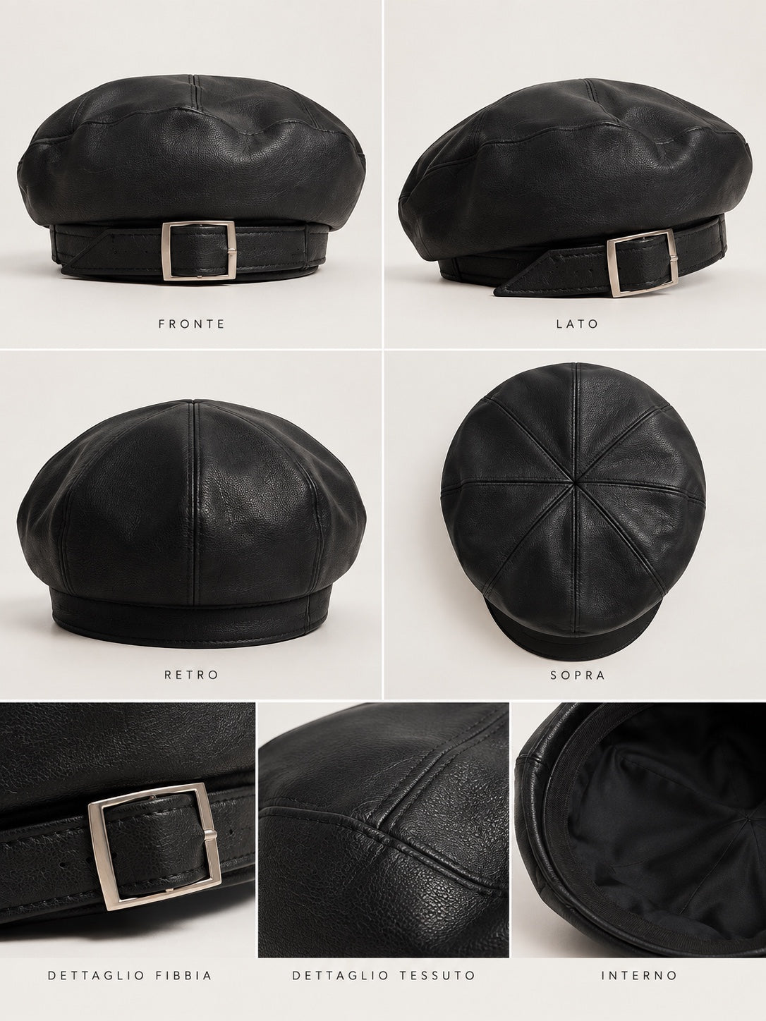 Cappello nero in ecopelle con fibbia quadrata