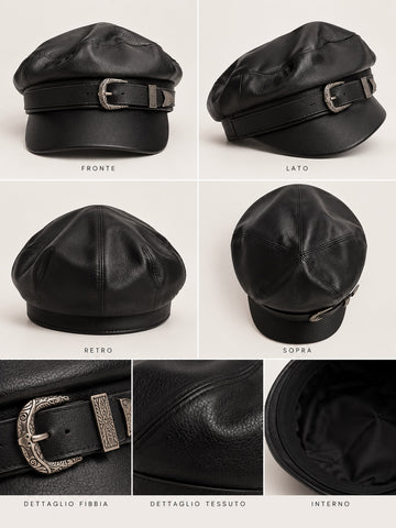 Cappello nero in ecopelle con visiera e fibbia decorativa