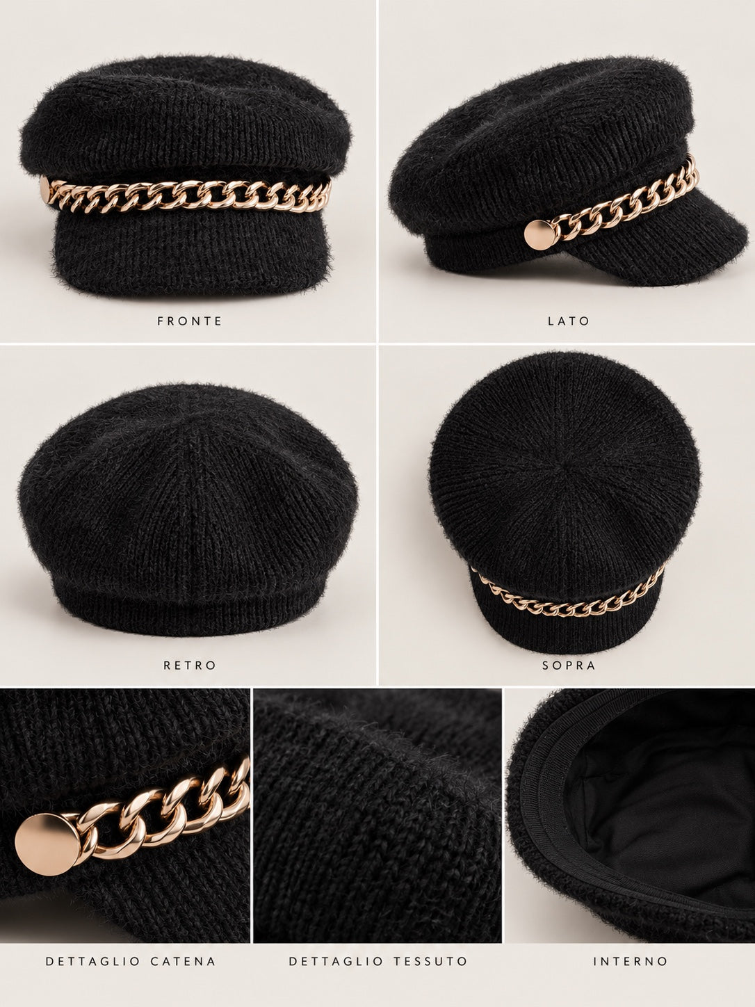 Cappello nero in maglia con visiera e catena oro