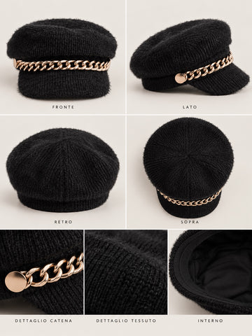 Cappello nero in maglia con visiera e catena oro
