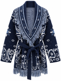 Cardigan Bandana con Frange e Cintura – Blu Navy - R.a. Boutique