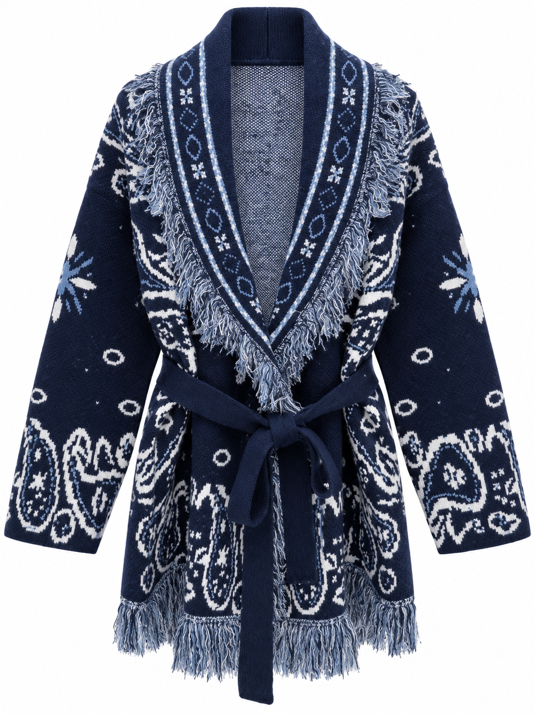 Cardigan Bandana con Frange e Cintura – Blu Navy - R.a. Boutique