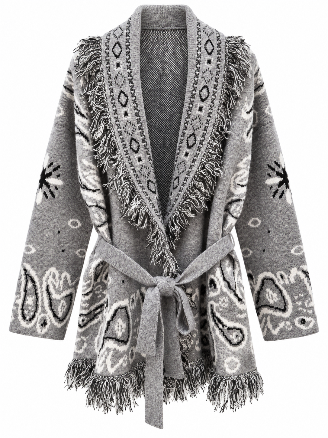 Cardigan Bandana con Frange e Cintura – Grigio - R.a. Boutique