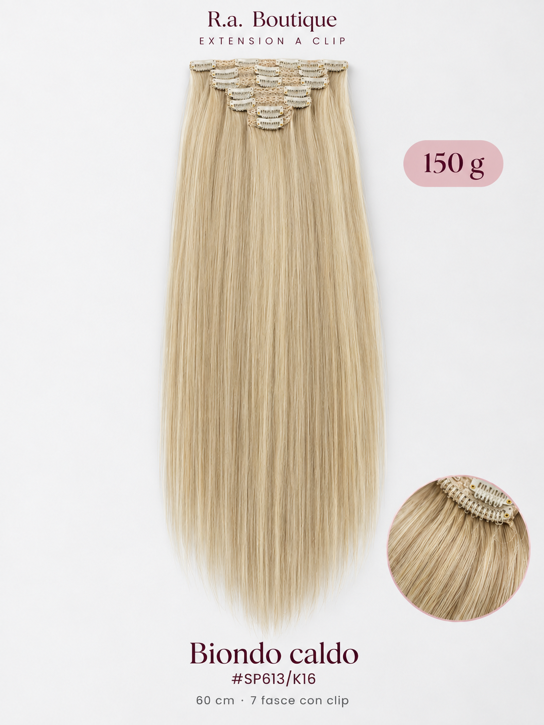 Extension lisce 150 g, 60 cm, 7 fasce con clip – Biondo caldo #SP613/K16 – R.a. Boutique
