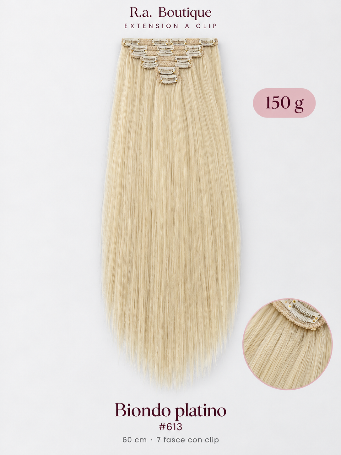 Extension lisce 150 g, 60 cm, 7 fasce con clip – Biondo platino #613 – R.a. Boutique