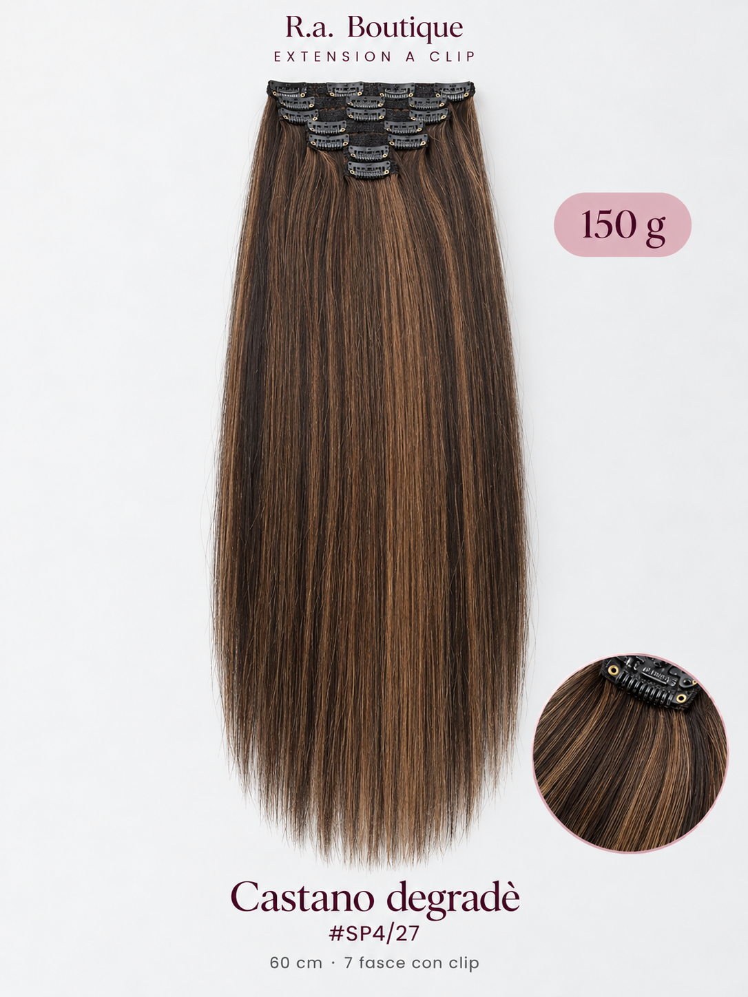 Extension lisce 150 g, 60 cm, 7 fasce con clip – Castano degradè #SP4/27 – R.a. Boutique