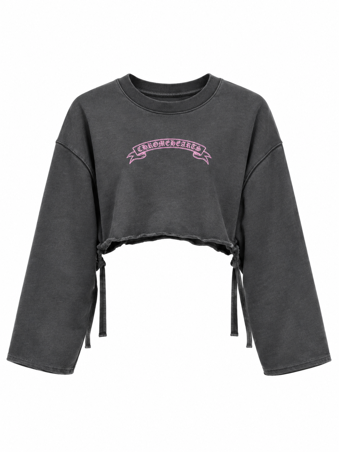 Felpa Crop Grigia con Stampa Rosa e Lacci Laterali - R.a. Boutique