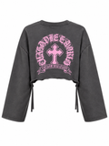 Felpa Crop Grigia con Stampa Rosa e Lacci Laterali - R.a. Boutique