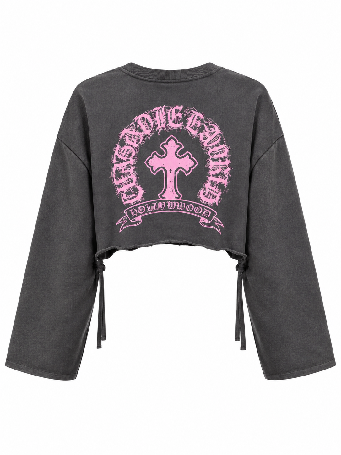 Felpa Crop Grigia con Stampa Rosa e Lacci Laterali - R.a. Boutique