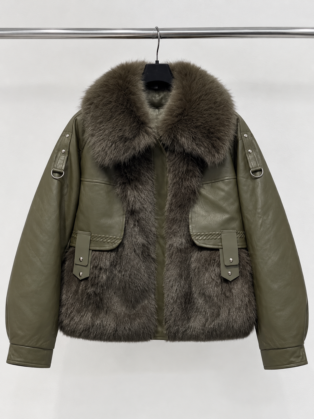 Giaccone Verde Militare Effetto Pelle con Collo e Inserti in Pelo - R.a. Boutique