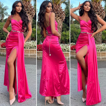 Abito in raso Fuxia con drappeggio - R.a. Boutique 