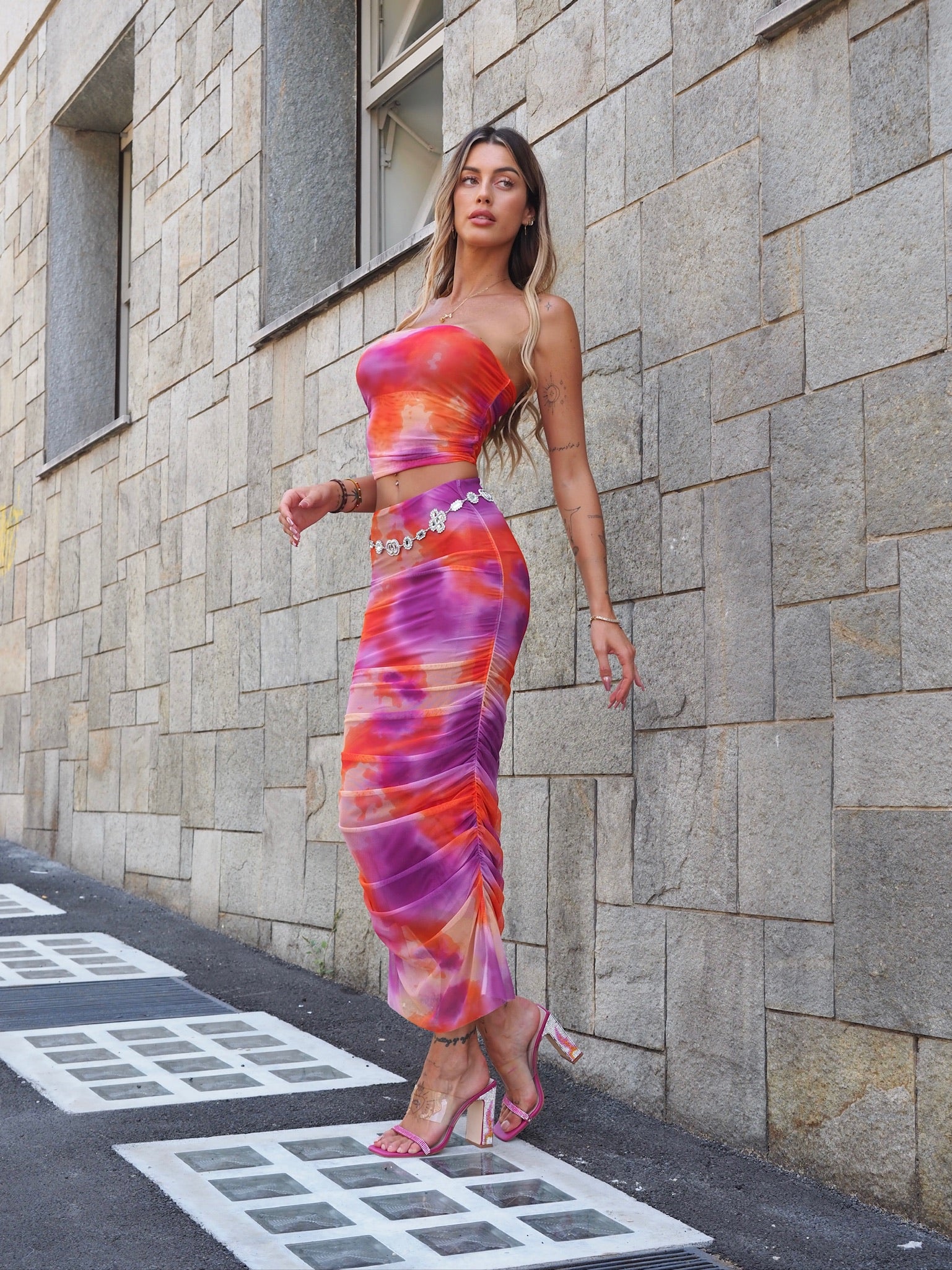 Completo top e gonna in tulle arancio Fuxia - R.a. Boutique 