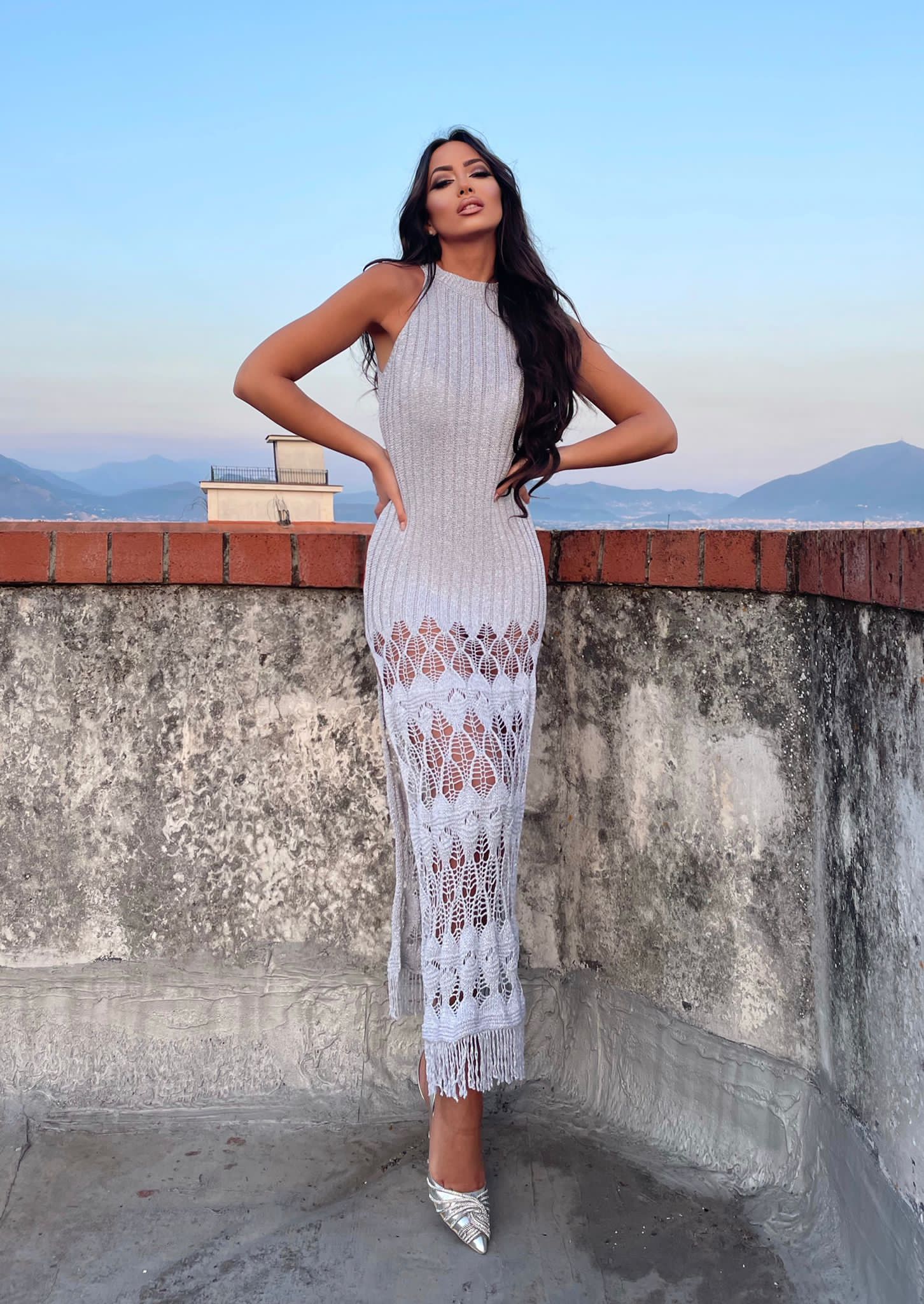 Abito lurex argento con frange - R.a. Boutique 