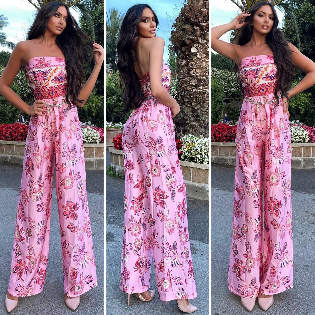 Tuta rosa a fascia a fantasia - R.a. Boutique 