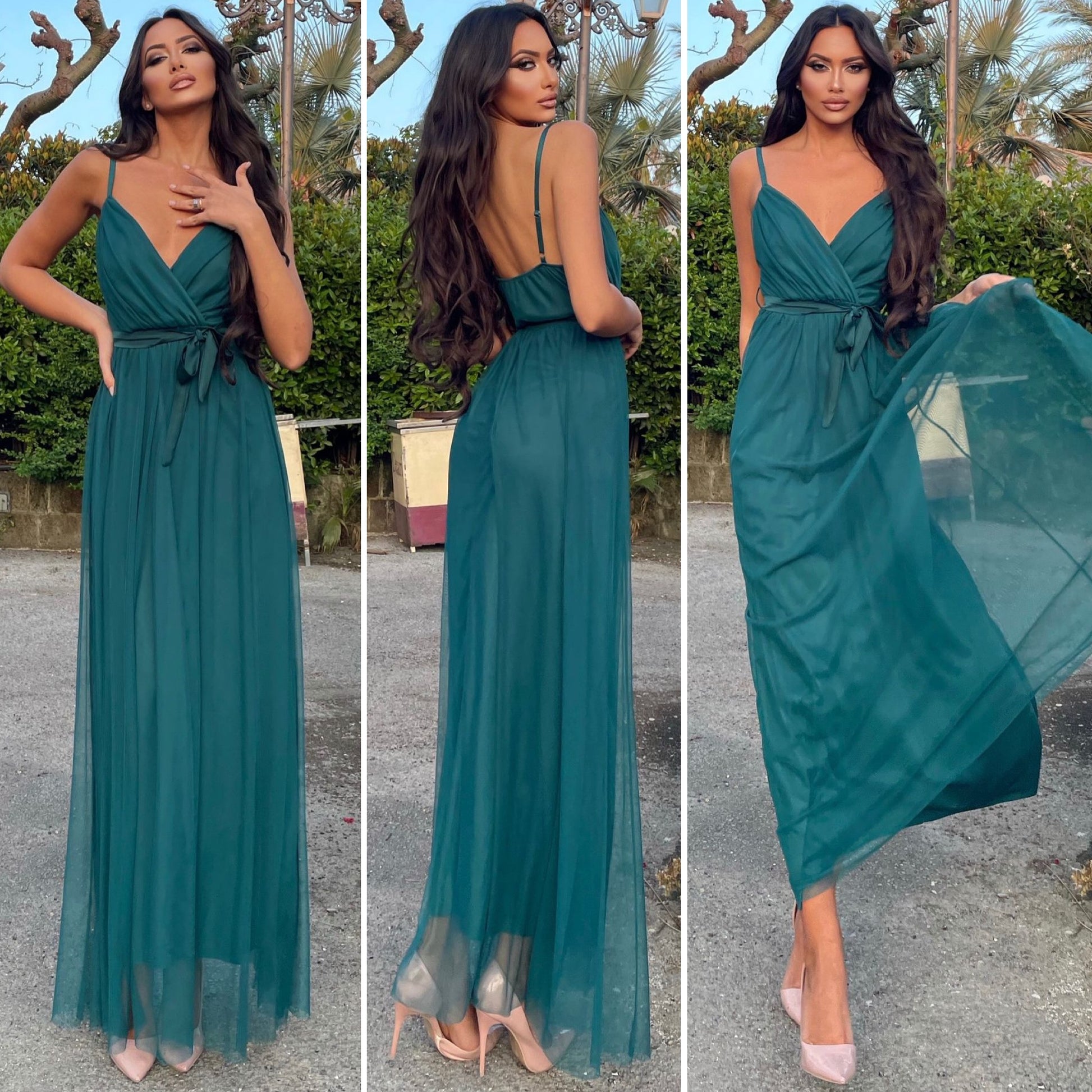 Abito lungo in tulle petrolio - R.a. Boutique 