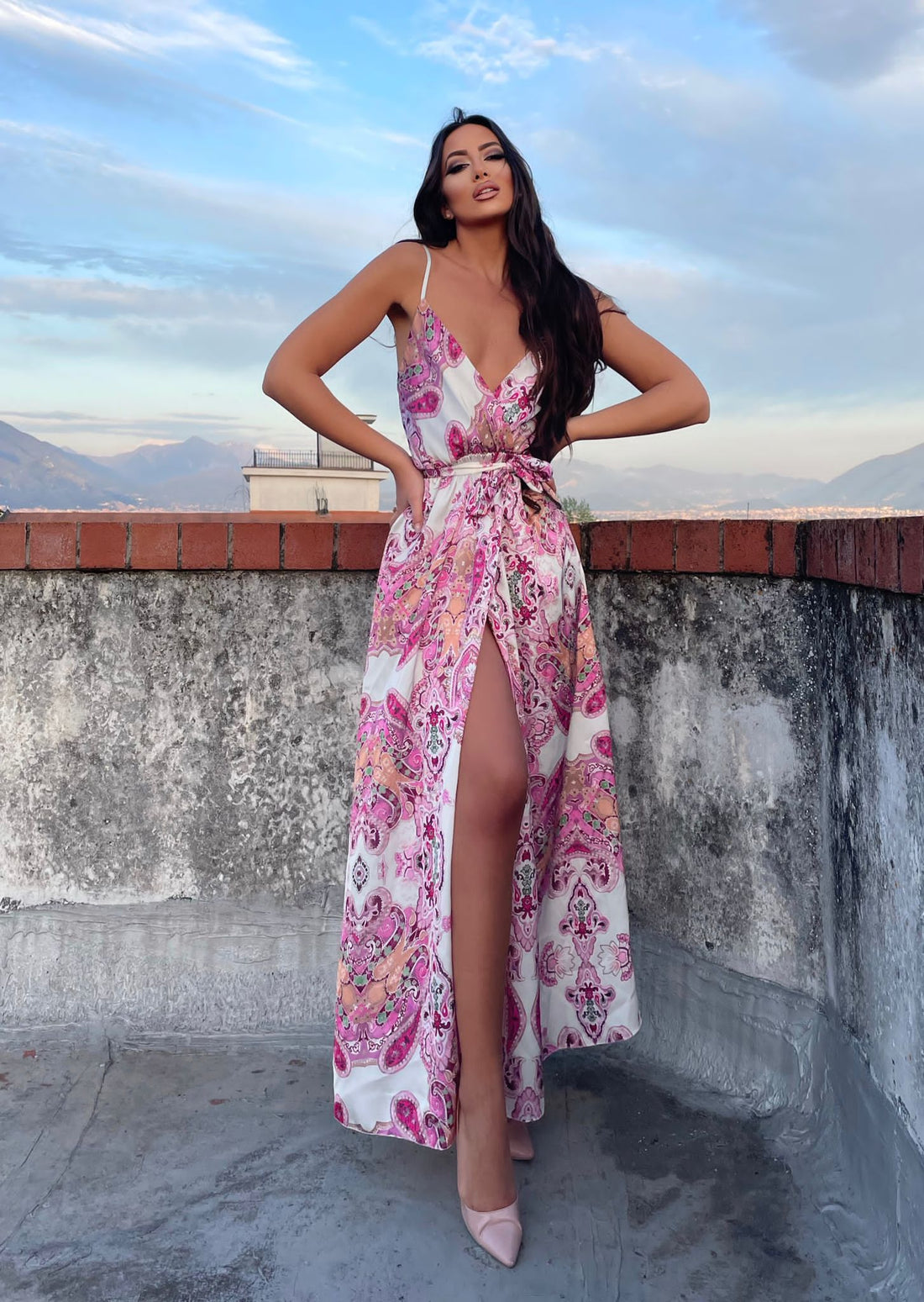 Abito in raso fiori rosa - R.a. Boutique 