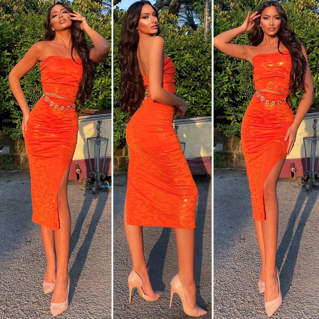 Completo top e gonna animalier arancio - R.a. Boutique 