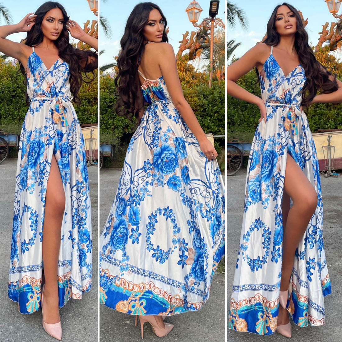 Abito con spacco fiori azzurri - R.a. Boutique 