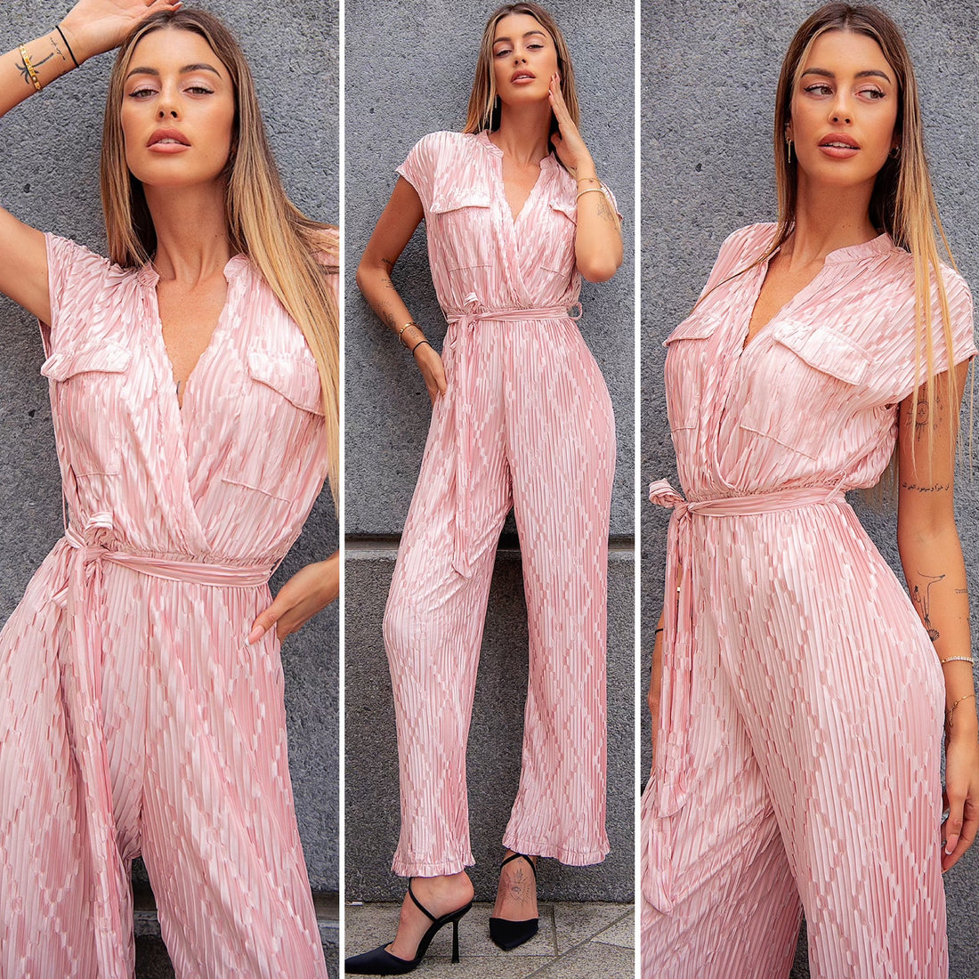 Tuta plissè rosa con cintina - R.a. Boutique 