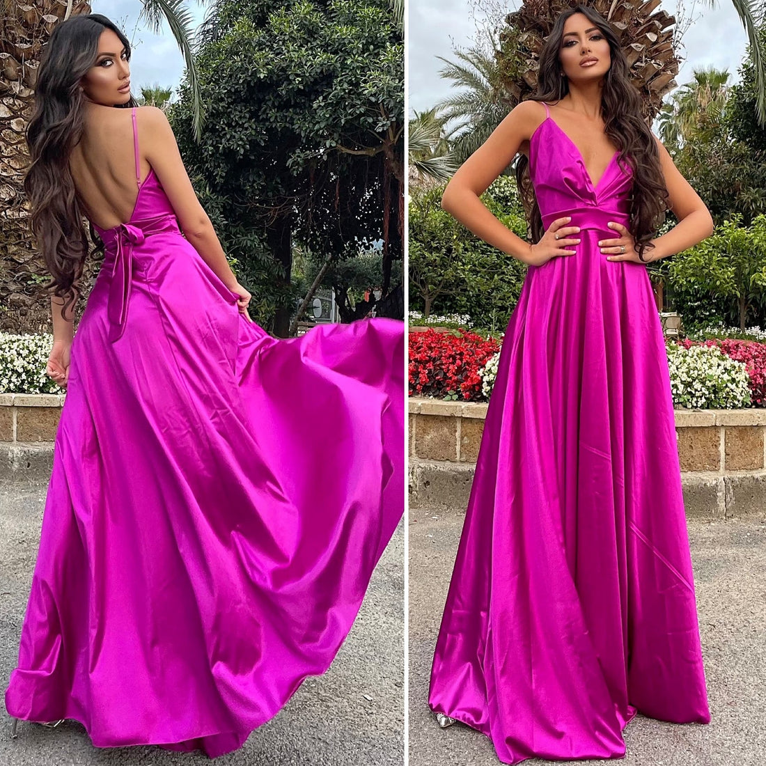 Abito in raso lungo con maxi gonna peonia - R.a. Boutique 