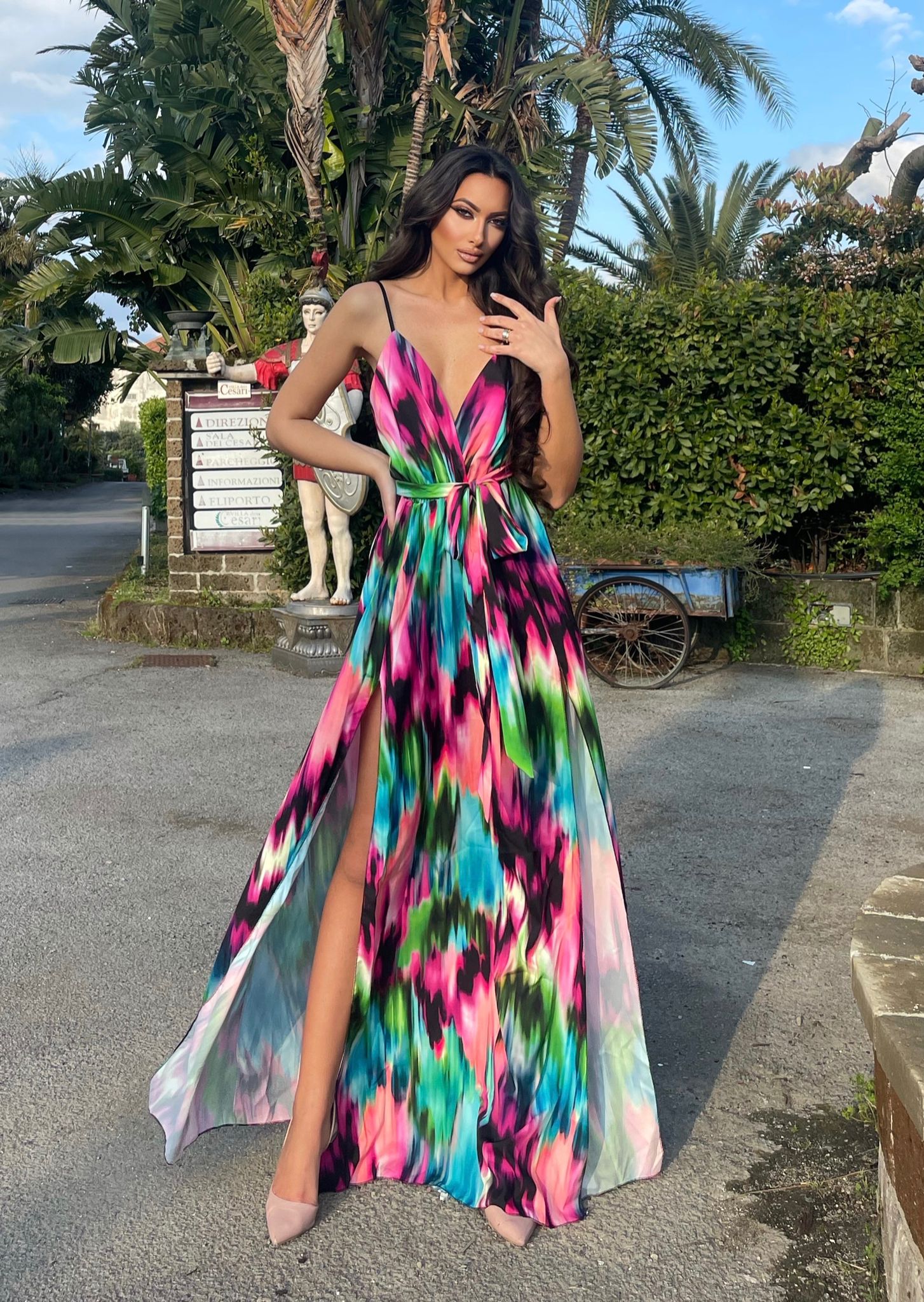 Abito lungo con doppio spacco multicolor - R.a. Boutique 