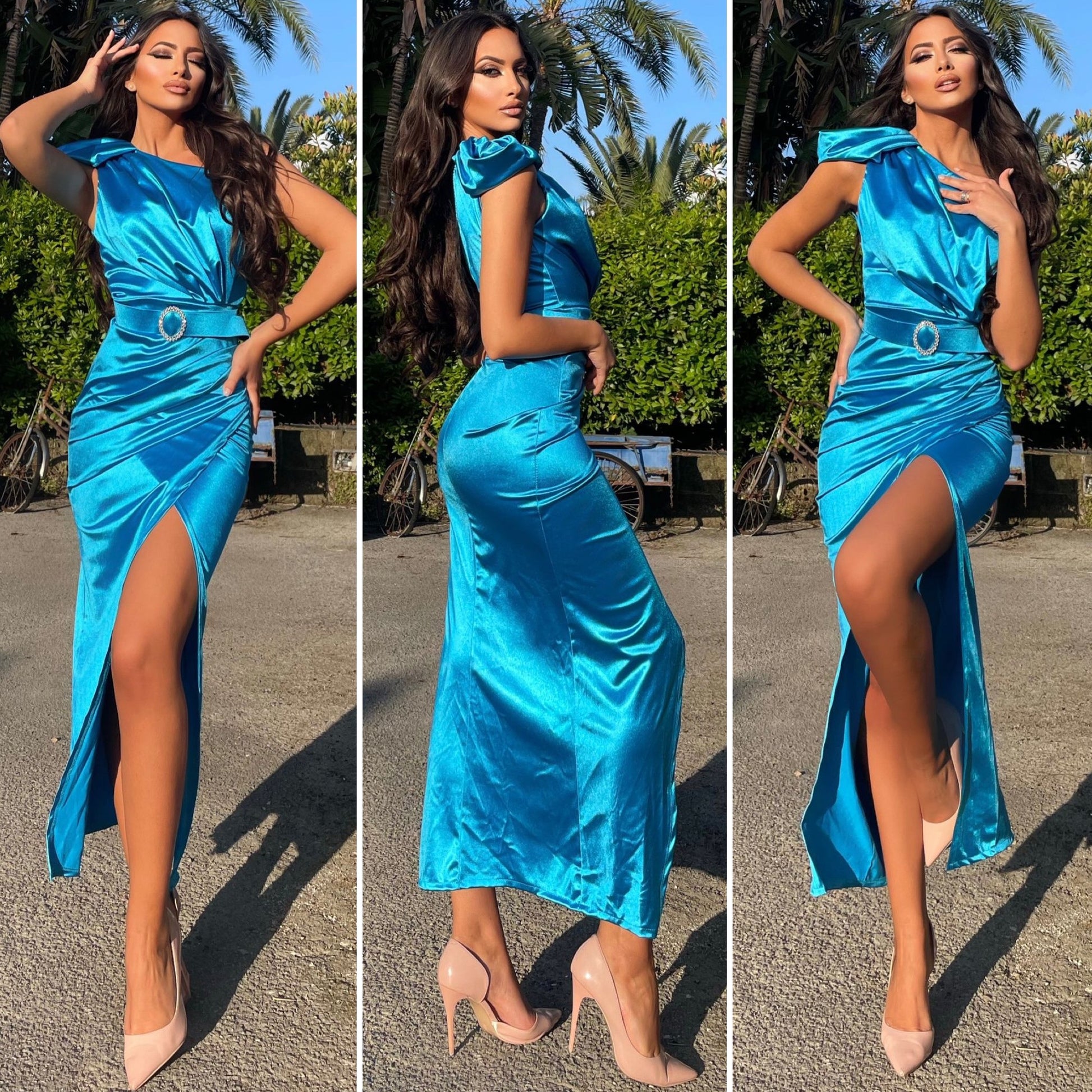 Abito azzurro con fiocco e cintura - R.a. Boutique 