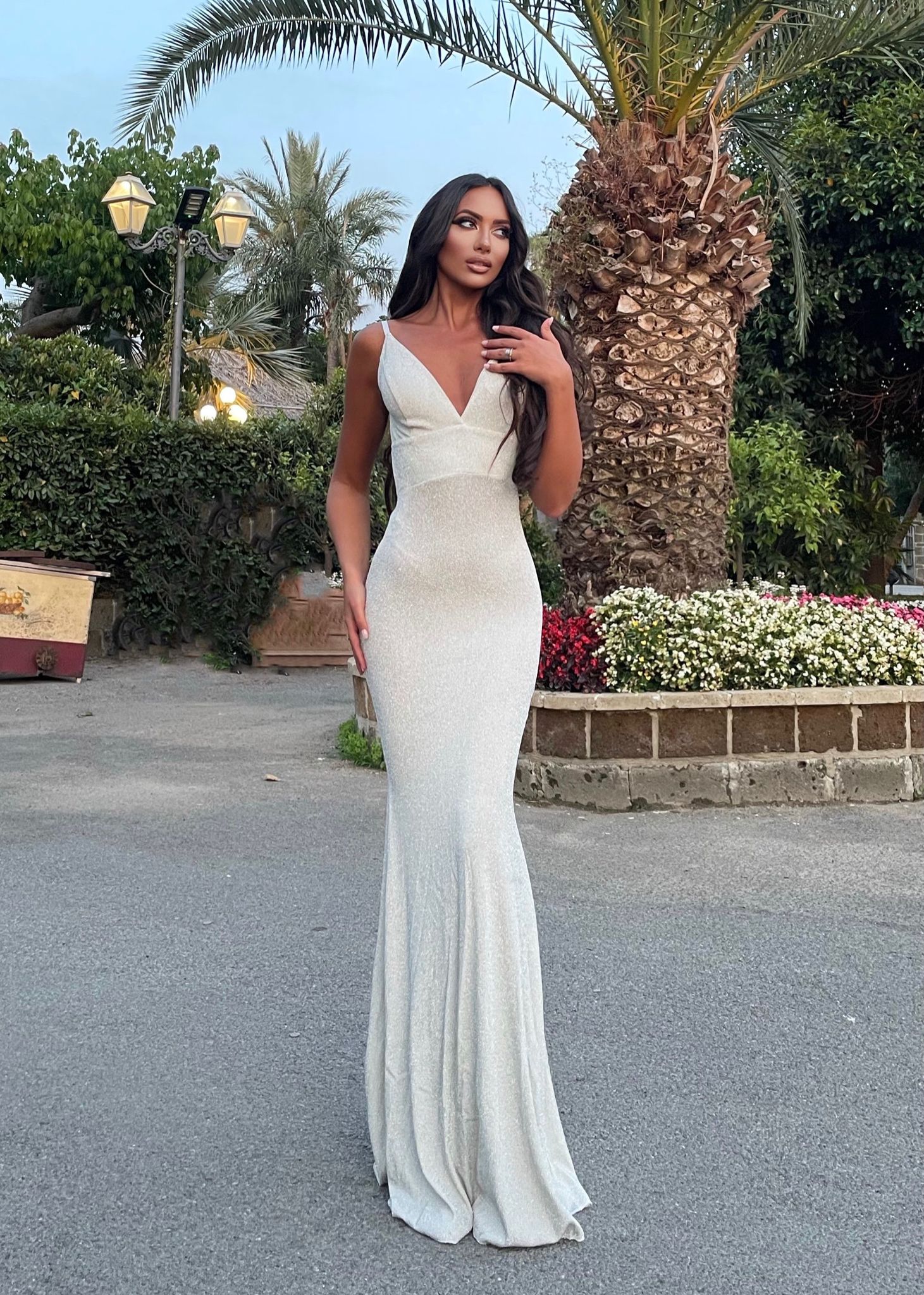 white glitter mermaid dress White Mermaid Iridescent Sequin Lace-Up Long Prom Dress with Slit
