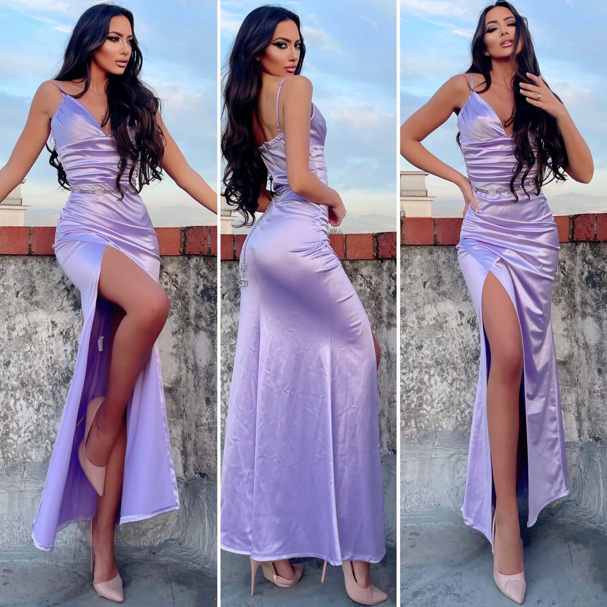 Abito in raso lilla con drappeggio - R.a. Boutique 