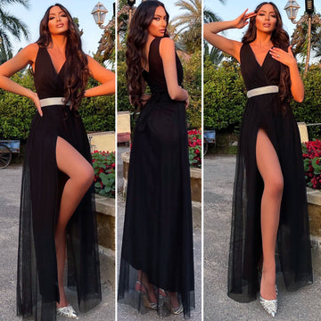 Abito in tulle nero cintura in strass - R.a. Boutique 