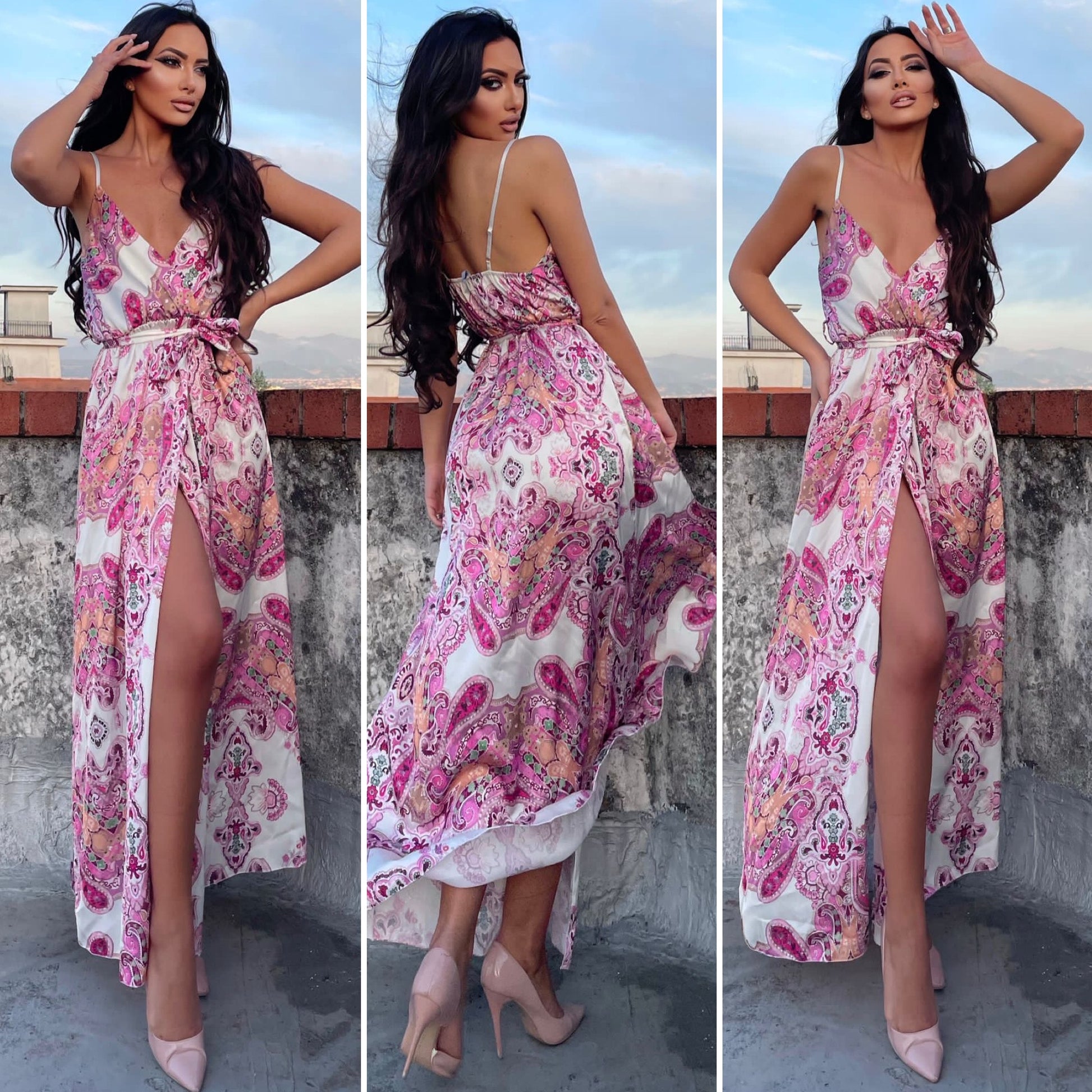 Abito in raso fiori rosa - R.a. Boutique 