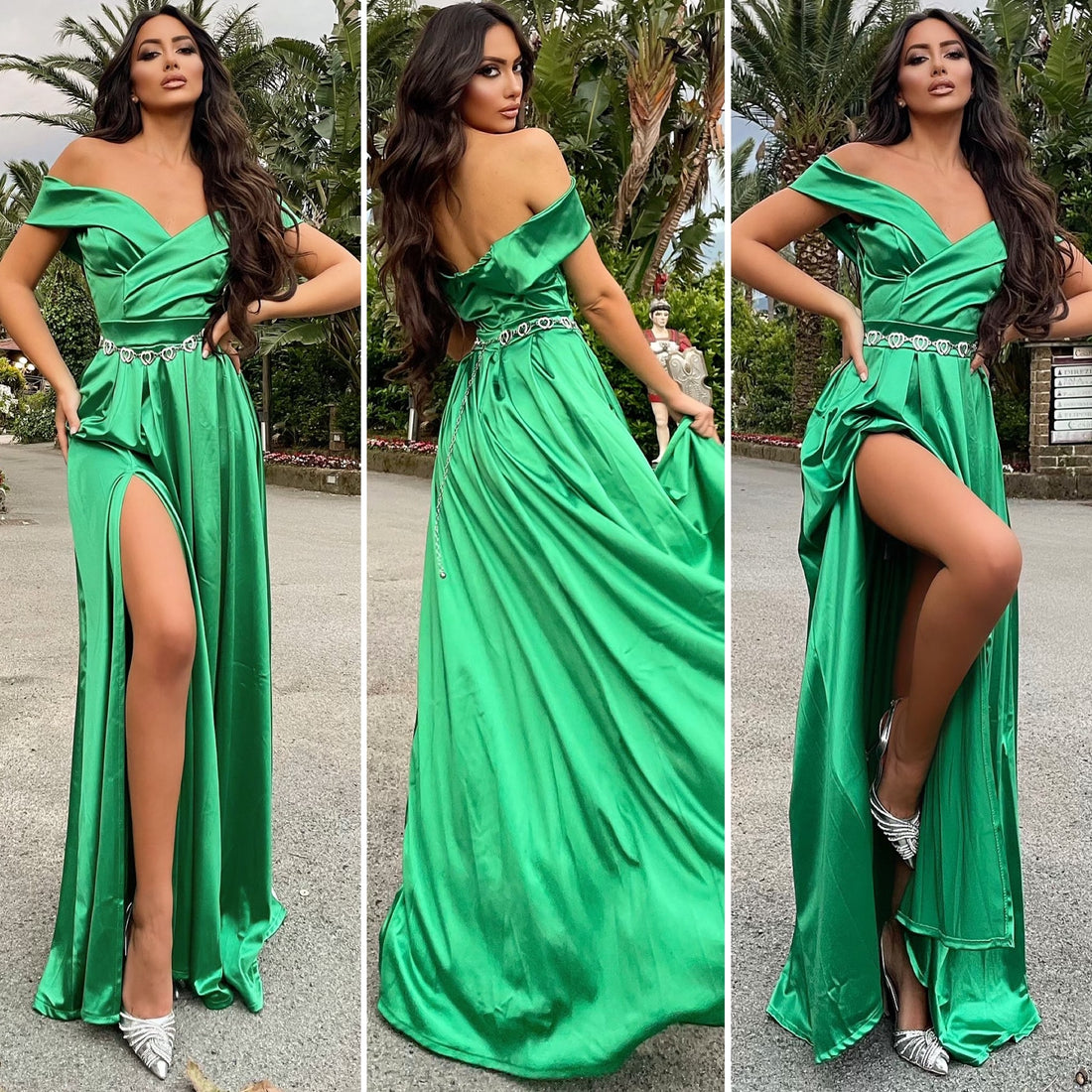 Abito in raso verde smeraldo scollo a barchetta - R.a. Boutique 