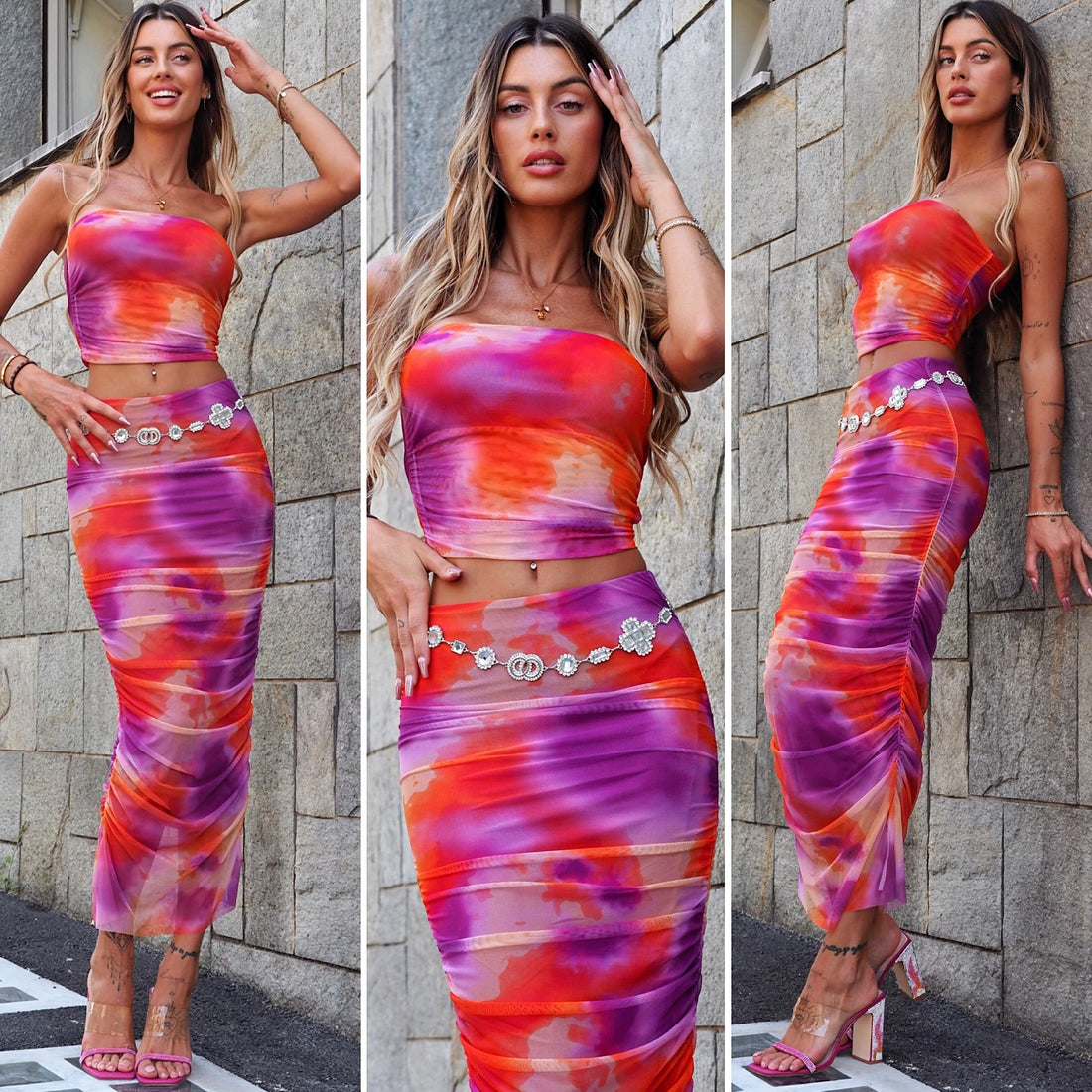 Completo top e gonna in tulle arancio Fuxia - R.a. Boutique 