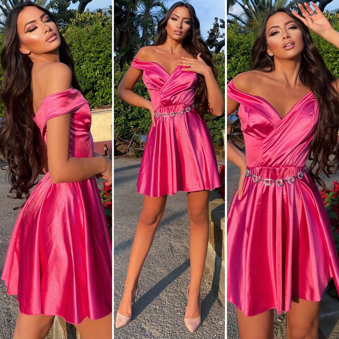 Abito corto in raso rosa fluo - R.a. Boutique 