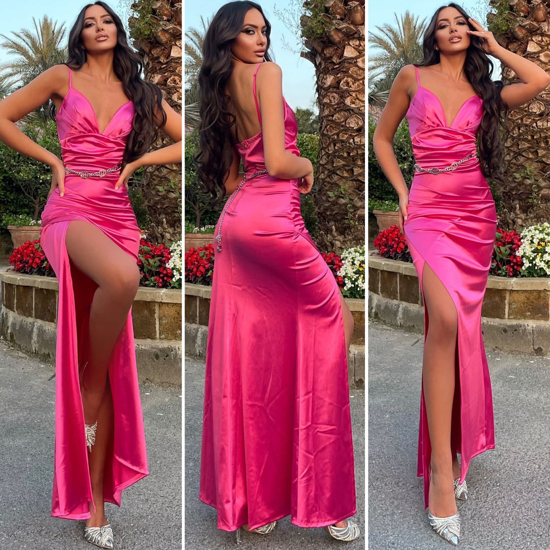 Abito in raso fuxia con drappeggio - R.a. Boutique 