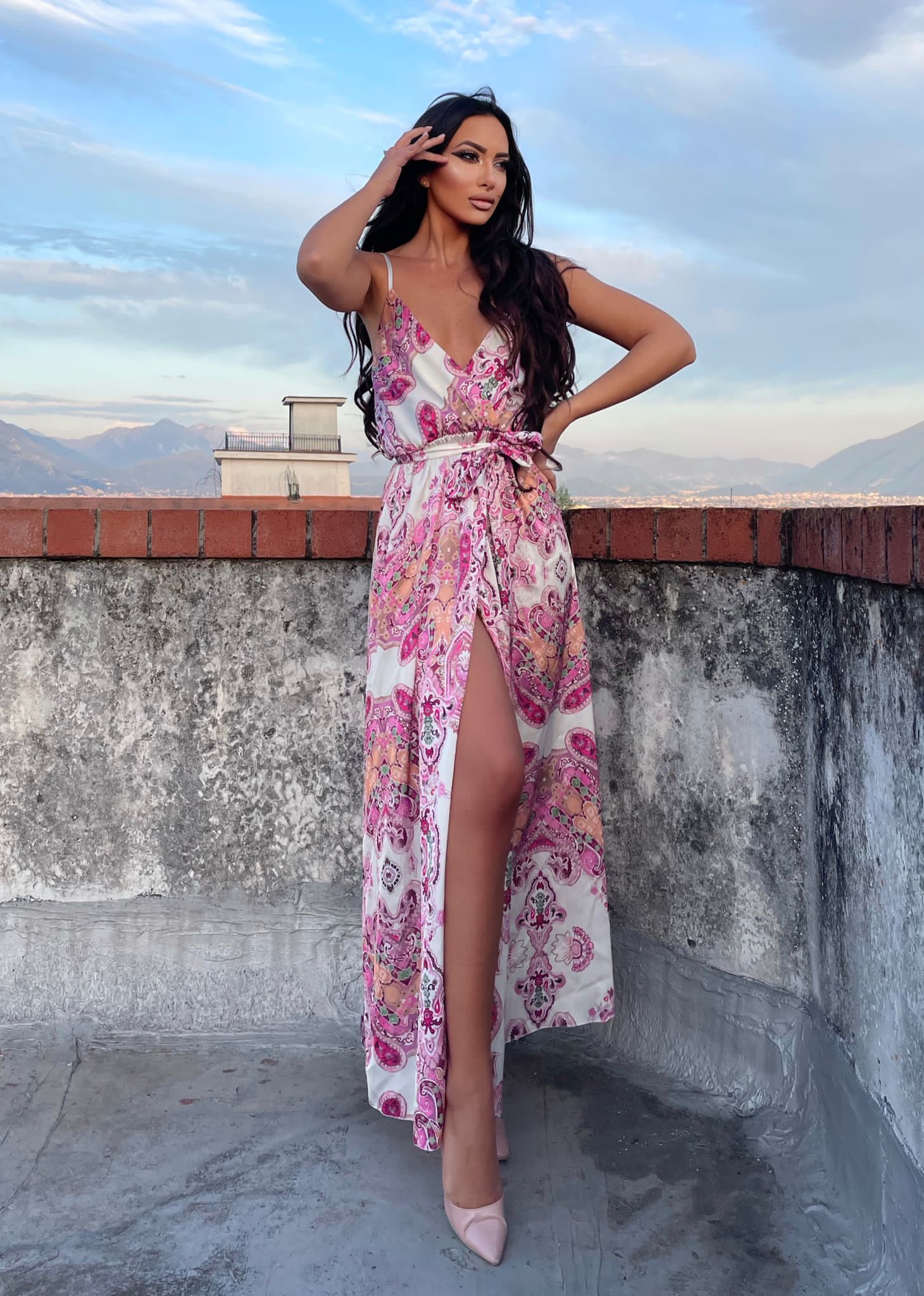 Abito in raso fiori rosa - R.a. Boutique 