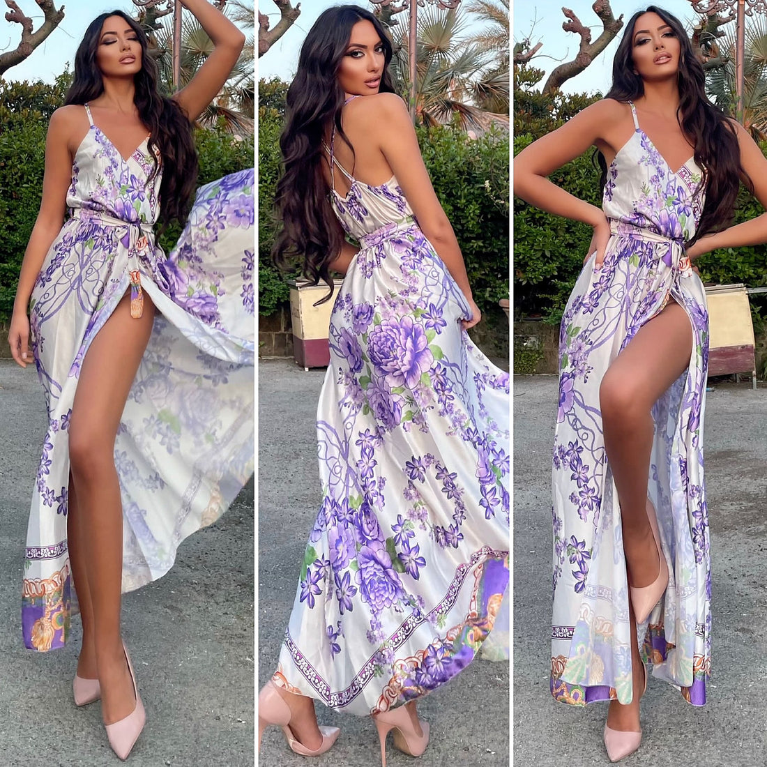 Abito con spacco fiori lilla - R.a. Boutique 