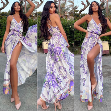 Abito con spacco fiori lilla - R.a. Boutique 