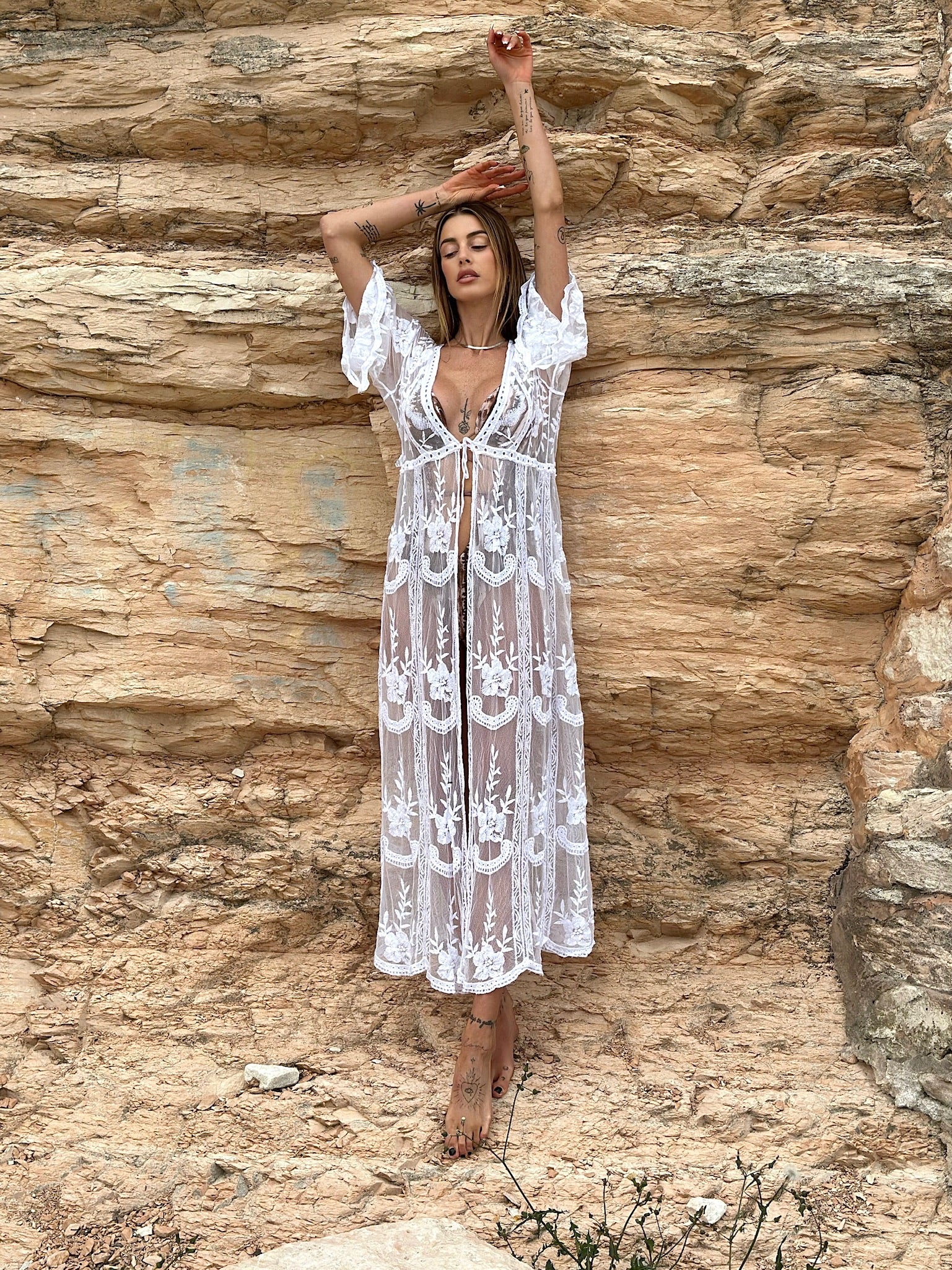 Pareo/kimono lungo in pizzo bianco - R.a. Boutique 