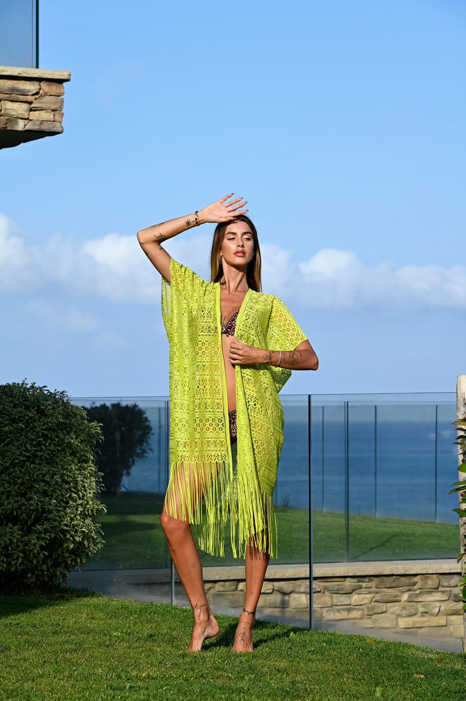 Pareo lime  con frange e pizzo - R.a. Boutique 