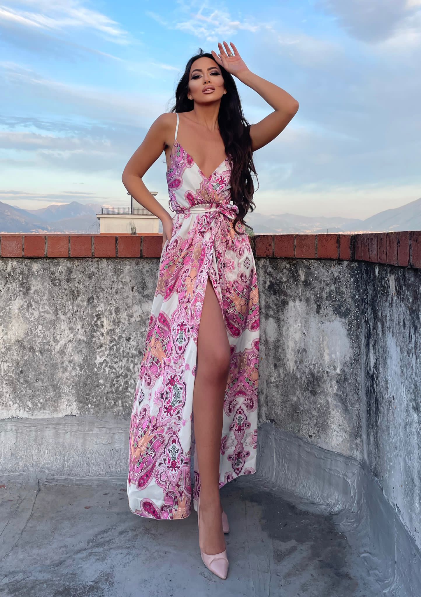 Abito in raso fiori rosa - R.a. Boutique 