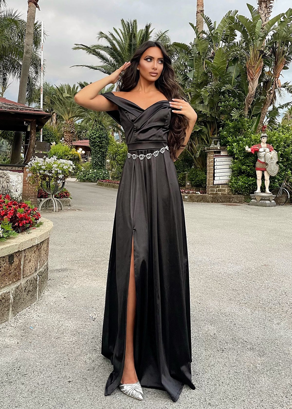Boat neck satin dress deals