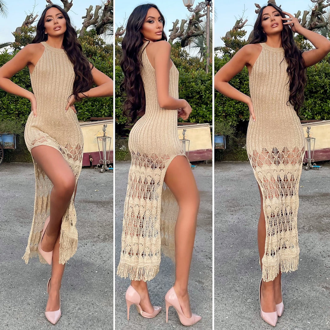 Abito lurex oro con frange - R.a. Boutique 