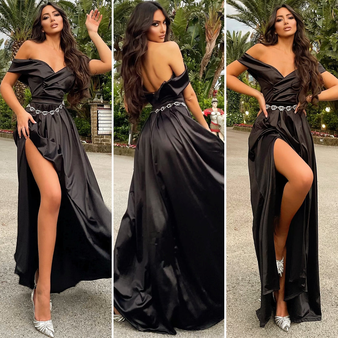 Abito in raso nero scollo a barchetta - R.a. Boutique 