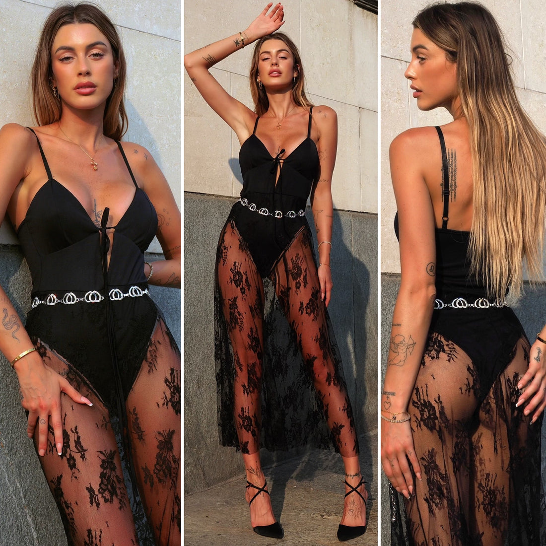 Abito con body e gonna in pizzo nero - R.a. Boutique 