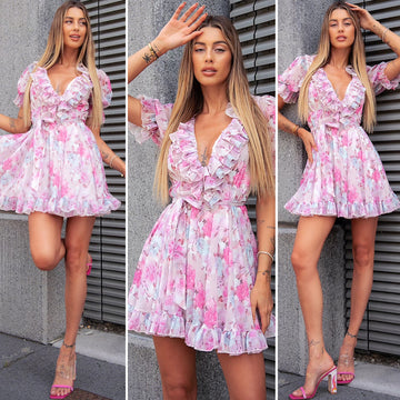 Abito a fiori rosa manica corta - R.a. Boutique 