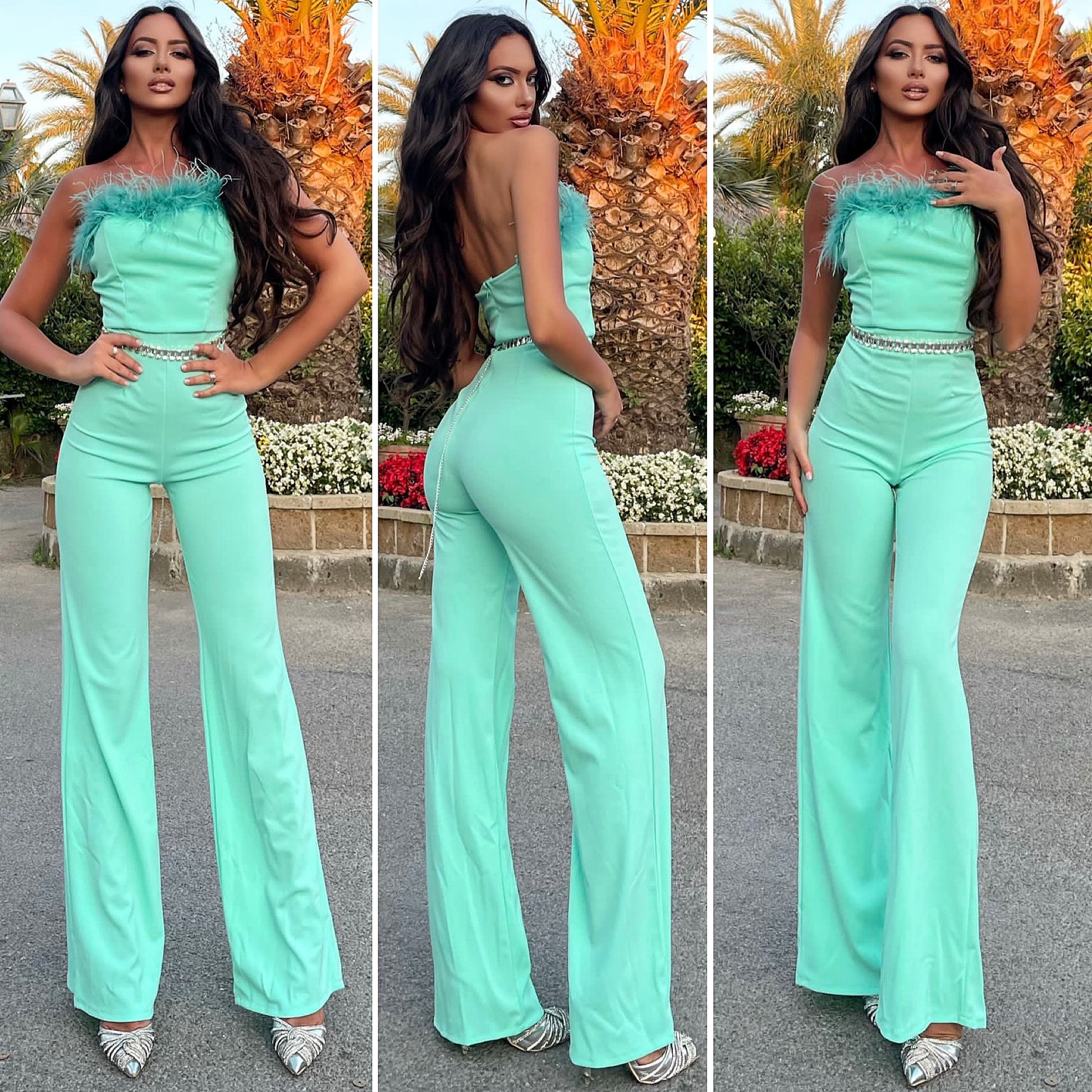 Tuta con piume Verdeacqua - R.a. Boutique 