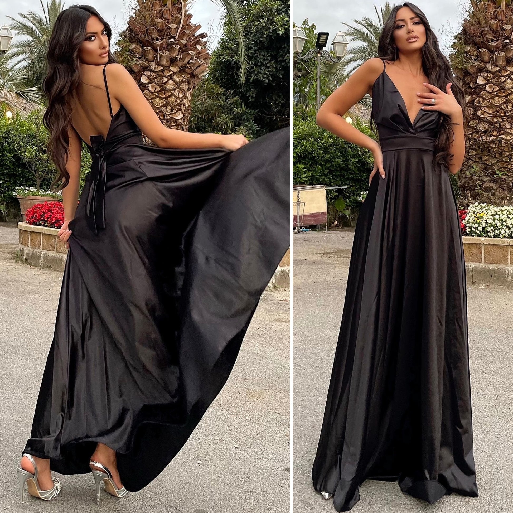Abito in raso lungo con maxi gonna Nero - R.a. Boutique 