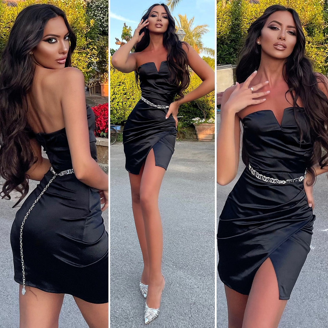 Abito in raso corto scollo a V nero - R.a. Boutique 